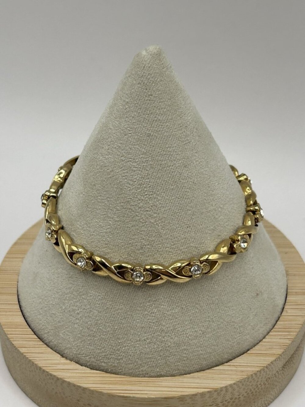 Gold Tone Clear Rhinestone X Link Bracelet Fold Over Clasp Elegant Jewelry